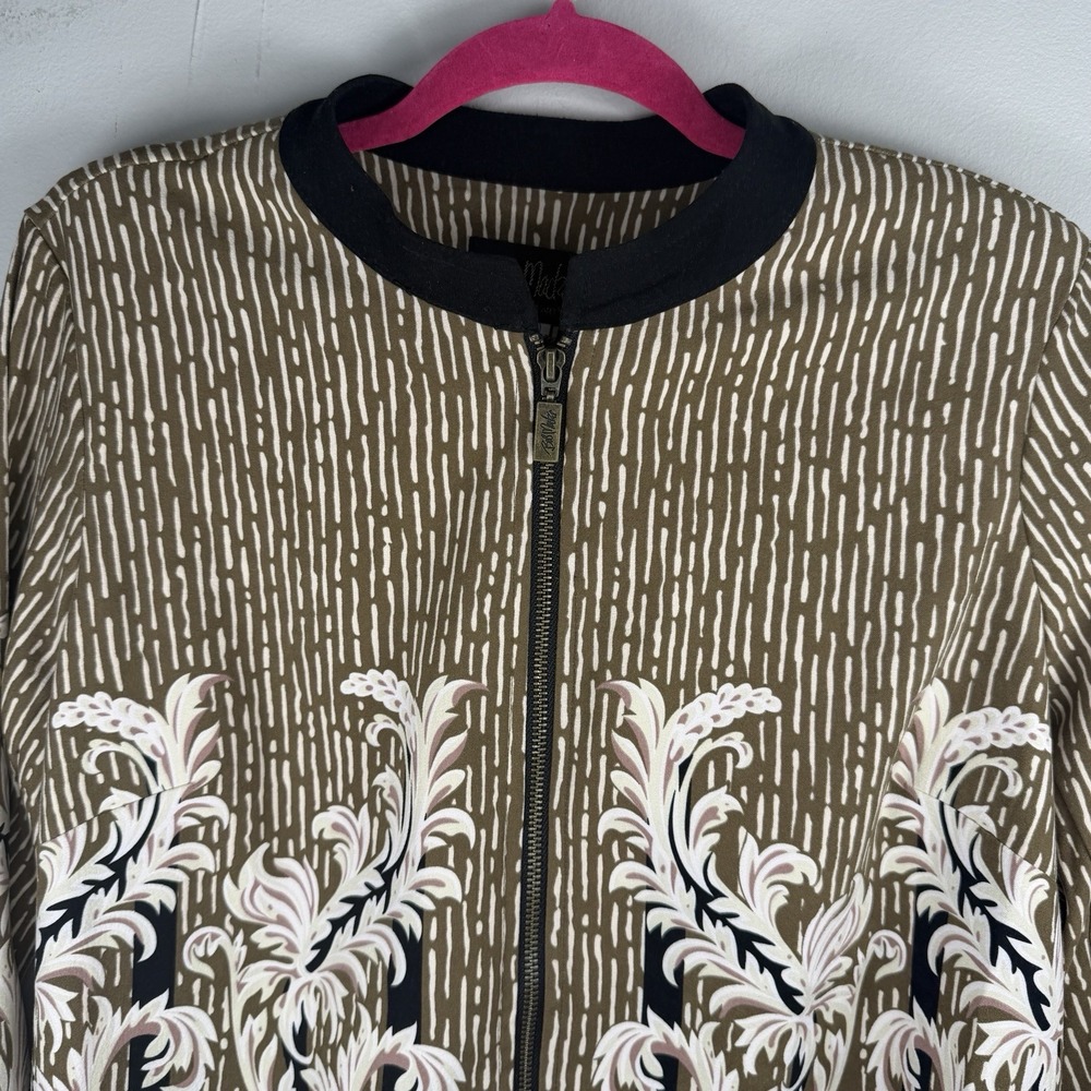 Bob Mackie Wearable Art Jacket Med Brown Beige Black Floral Scroll Zip Women's‎